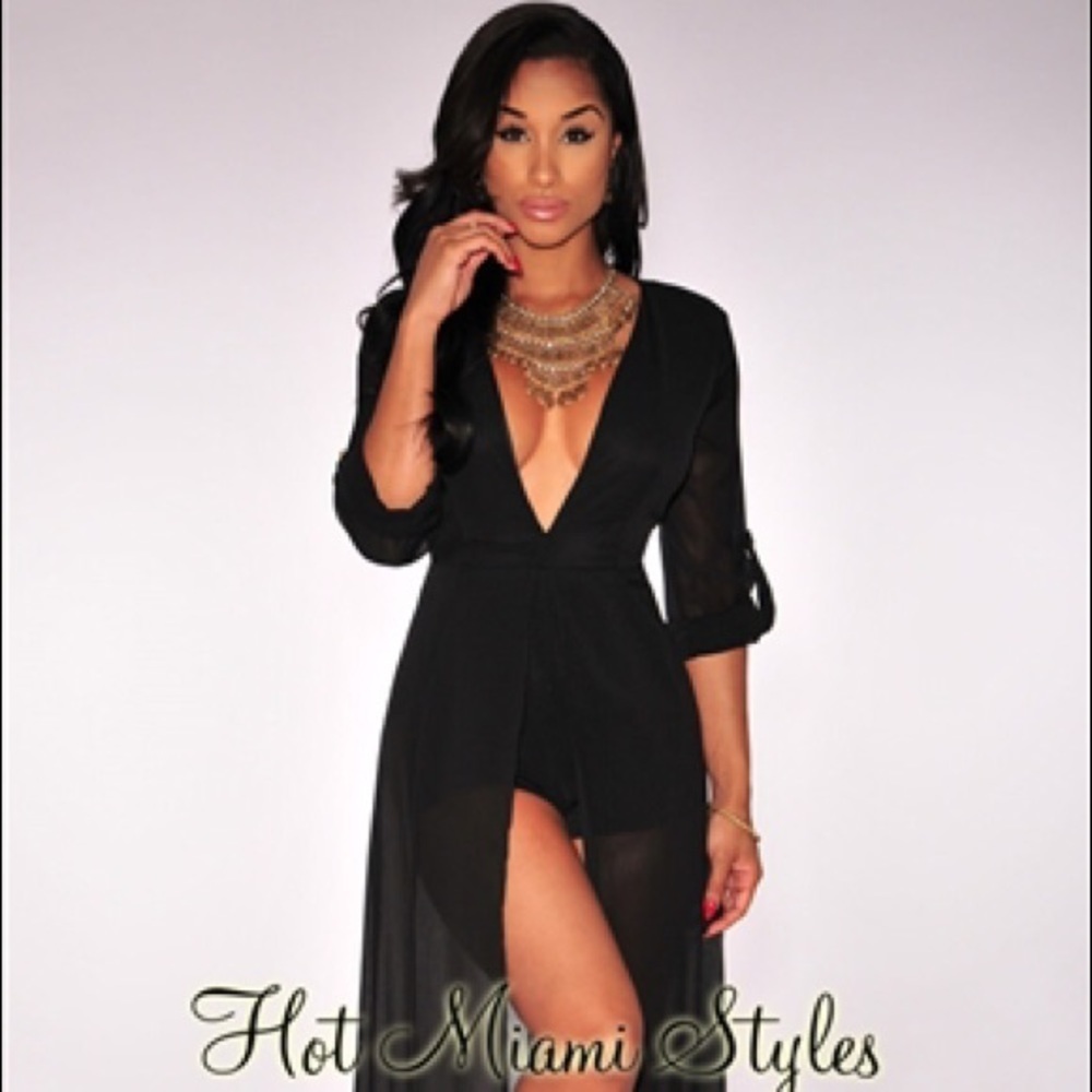 Long black low v-neck dress with shorts inside- M